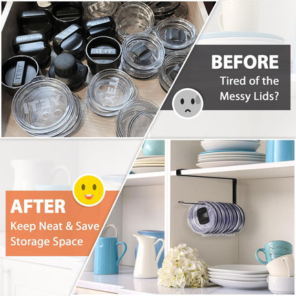 Tumbler Lid Organizer Under Cabinet, Horizontal Hook Holds Up to 10 Lids