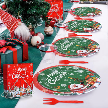 100 Pcs Christmas Tableware Set – Disposable Merry Christmas Dinnerware with Paper Plates & Utensils