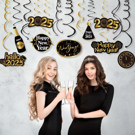 Happy New Year 2026 Hanging Swirls Decorations Glitter Gold Black NYE Party