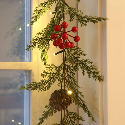 Christmas Garland with Lights – 20 LED Battery Powered, Pine Cones & Red Berries