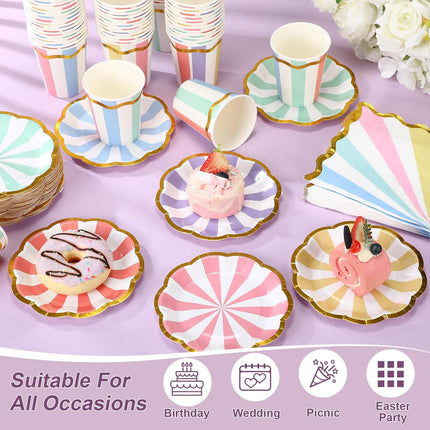 108-Piece Colorful Party Set – Pastel Striped Plates, Napkins & Cups