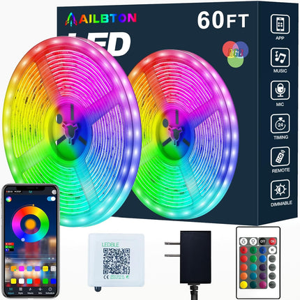 60ft RGB LED Strip Lights Music Sync Bluetooth App Control Remote 5050 Colour Changing