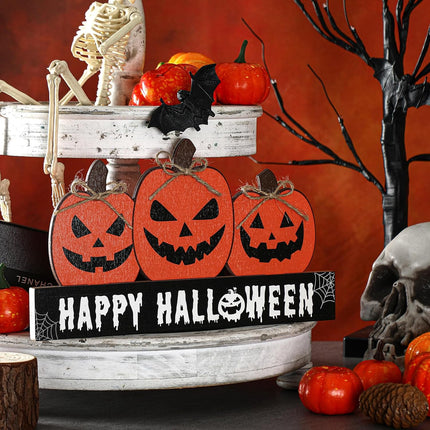Happy Fall Halloween Wooden Pumpkin Sign, Double-Sided Tabletop Tiered Tray Decor