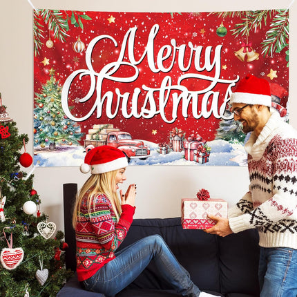 Large 72x44 Inch Red Christmas Banner, Merry Christmas Outdoor Flag for Holiday Decor