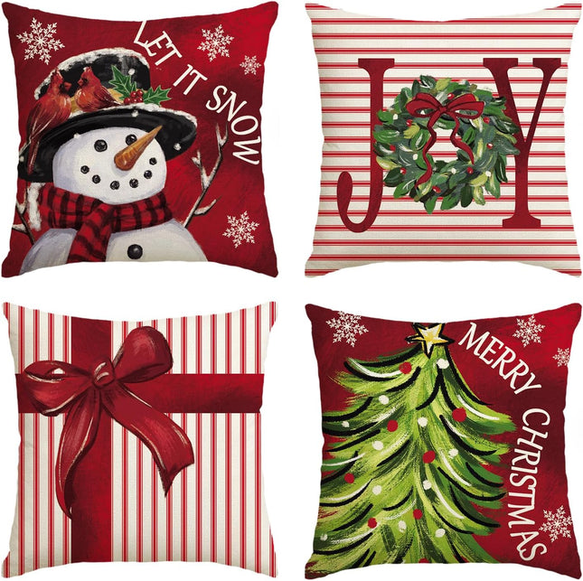 Holiday Throw Pillow Covers – 18x18 Set of 4 Xmas Tree & Gift Box Designs