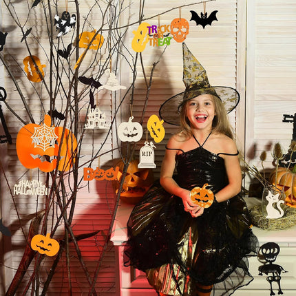 36-Piece DIY Halloween Wooden Ornaments, 12 Styles, Paintable Skull Pumpkin Ghost Bat