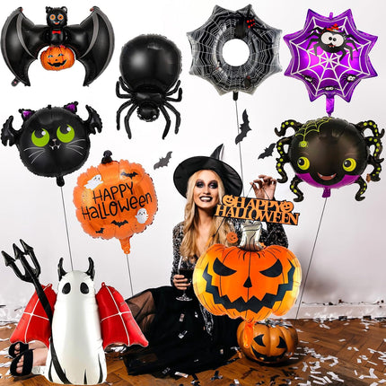 9-Piece Halloween Foil Balloons Set, Ghost, Spider, Pumpkin & Bat Party Decorations