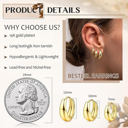 3-Pairs 14K Gold Plated Hoop Earrings – Small Hypoallergenic Huggies