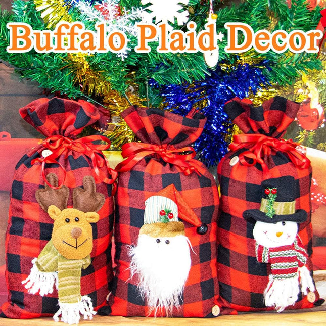 Christmas Santa Sacks 3D Buffalo Plaid Drawstring Bags for Holiday Gifting