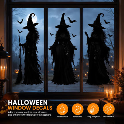 Halloween Witch Window Clings, Large Reusable Stickers for Indoor Outdoor Decor