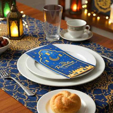 100 PCS Eid Mubarak Napkins – Blue & Gold, 2-Ply, Disposable Party Napkins