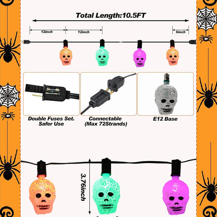 10.5FT 10L Halloween Skull String Lights, IP65 Connectable C7/E12 Plug-In Decor