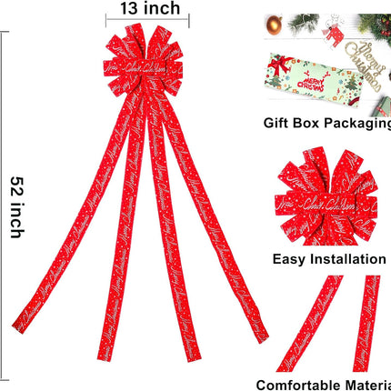 Christmas Tree Topper Bow – 52" x 13" Wreath Decoration with Letter Patterned Ribbon