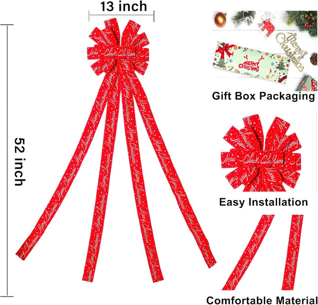 Christmas Tree Topper Bow – 52" x 13" Wreath Decoration with Letter Patterned Ribbon