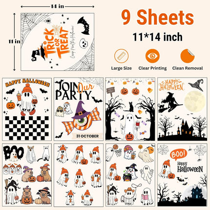 9-Sheet 11x14in Halloween Window Stickers, Ghost Pumpkin Self-Adhesive PVC Decals