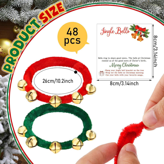 48 Sets Christmas Bell Bracelets – Bulk Pack with Cards & Christmas Pipe Cleaners Craft Kit