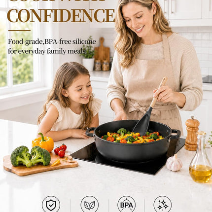 2 Pack Silicone Cooking Spoon with Wooden Handle, Heat Resistant Nonstick Safe