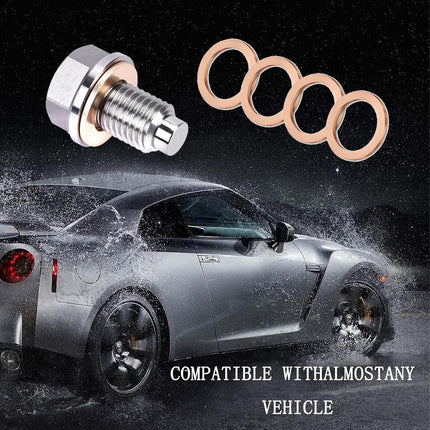 M14x1.5 Magnetic Oil Drain Plug with 5 Copper Washers, Leak-Proof Bolt for Cars
