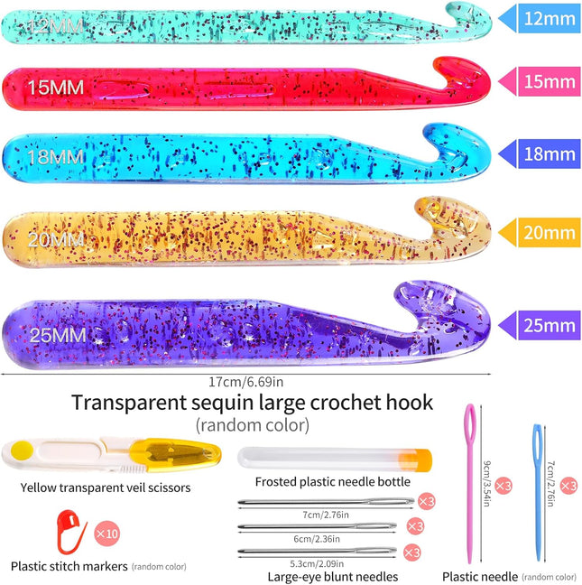 5 Piece Large Crochet Hook Set 12mm-25mm, Transparent Crystal Hooks for Chunky Yarn