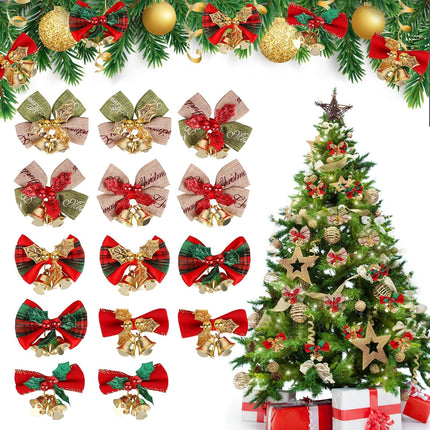 21pcs Christmas Bows with Bells – Mini Linen Bowknot Xmas Tree Decor