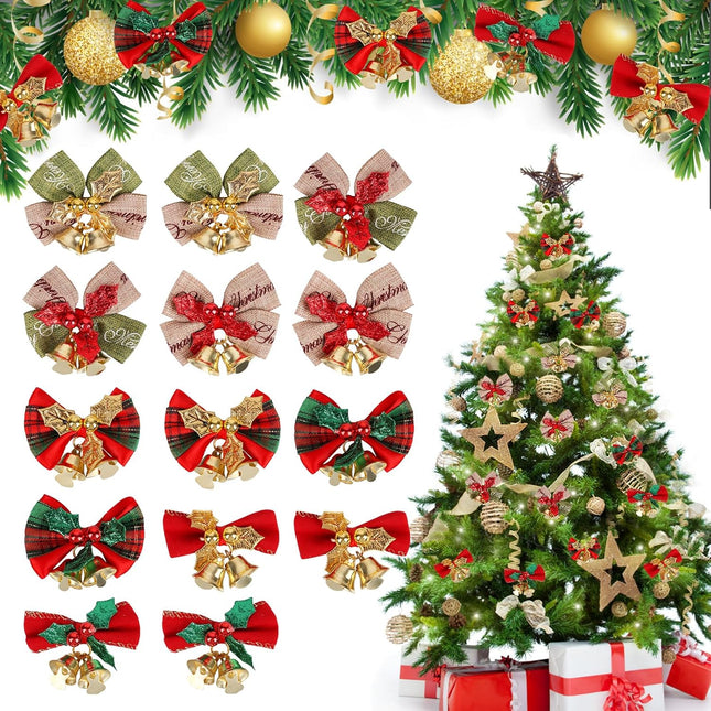21pcs Christmas Bows with Bells – Mini Linen Bowknot Xmas Tree Decor
