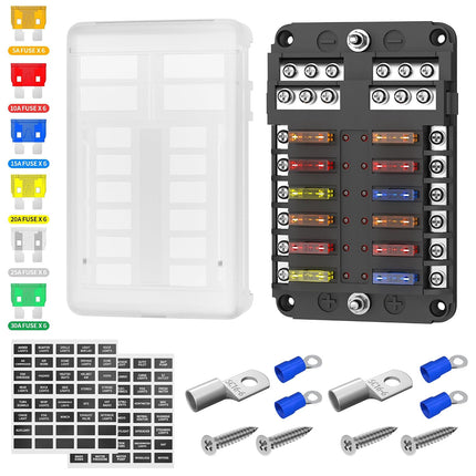 12-Way 12V/24V ATO/ATC Blade Fuse Block, LED Indicator Marine Fuse Panel