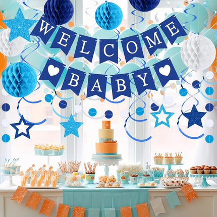25Pcs Blue Baby Shower Decorations Set with Banner Swirls Honeycomb Balls
