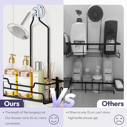 Black Stainless Steel Hanging Shower Caddy 2-Tier Rack with 14 Hooks and Soap Dish