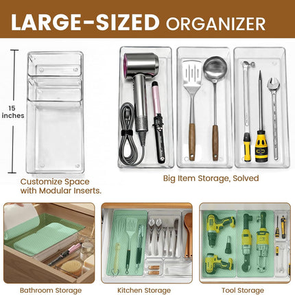 21-Piece Clear Drawer Organizer Set – 15” Bins for Vanity, Kitchen & Office