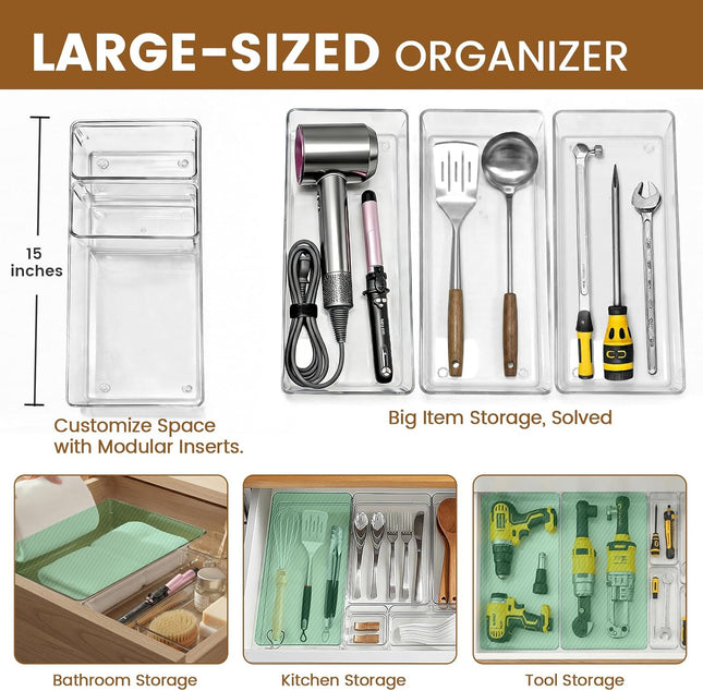 21-Piece Clear Drawer Organizer Set – 15” Bins for Vanity, Kitchen & Office