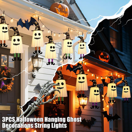 3-Pack Halloween Hanging Ghost String Lights, Glowing Witch Hat, 3 Modes, Outdoor