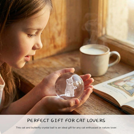 3D Cat Crystal Ball – 60mm Laser Engraved Glass Kitty with Stand, Gift for Women