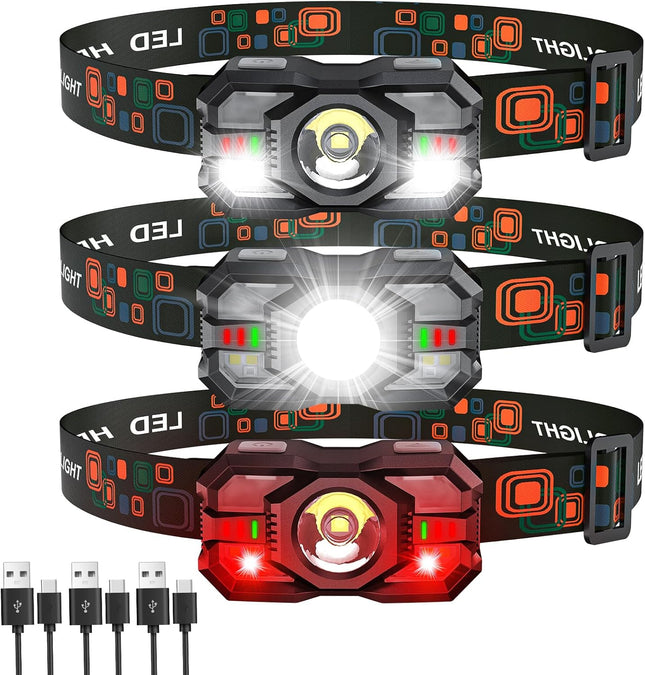Rechargeable Headlamp Flashlight 3 Pack 2000 Lumen LED Headlight with Red Light
