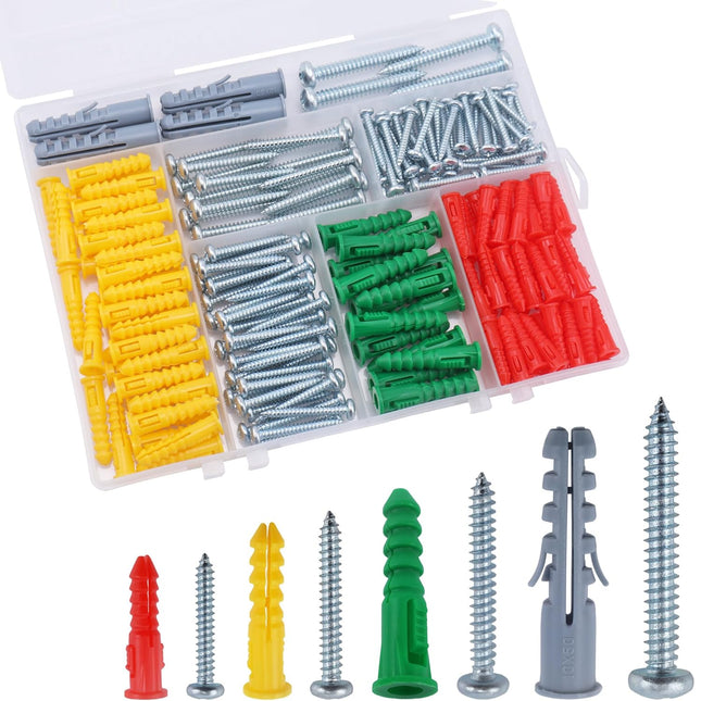 208PCS Drywall Anchors & Screws Kit – 4 Sizes Plastic Anchors with Phillips Pan Head Screws