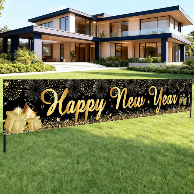 Happy New Year 2026 Outdoor Banner – Black & Gold Yard & Garden Decor