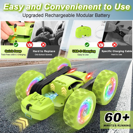 Remote Control Stunt Car 360° Flips RC Crawler with USB-C Battery Green