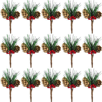 15PCS Mini Pine Cone Picks – Artificial Red Berry & Pine Tree Holiday Decor