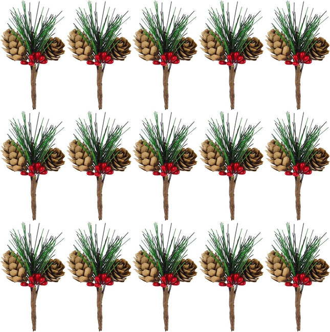 15PCS Mini Pine Cone Picks – Artificial Red Berry & Pine Tree Holiday Decor