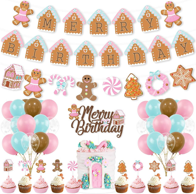 Christmas & Birthday Party Decorations – Pink Gingerbread Man Theme for Merry Birthday Fun