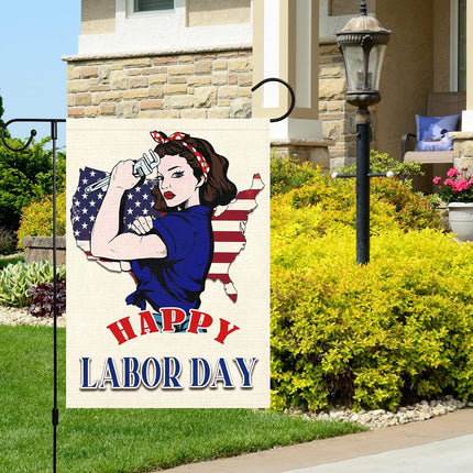 Happy Labor Day Woman Garden Flag 12x18 Double Sided Burlap USA Flag Only