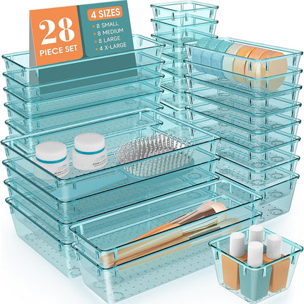 28-Pc Desk & Drawer Organizer Set – Clear Bins for Bathroom, Bedroom, Kitchen