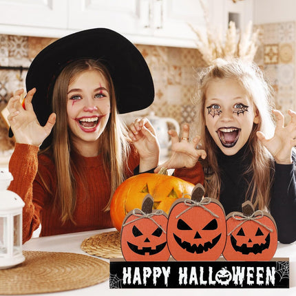 Happy Fall Halloween Wooden Pumpkin Sign, Double-Sided Tabletop Tiered Tray Decor