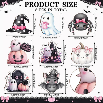 8-Piece Pink Halloween Wooden Ornaments, Ghost Pumpkin Bat Spider Witch Hat Decor