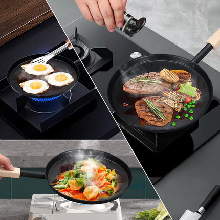 8" Pre-Seasoned Cast Iron Skillet, Flat Griddle Pan with Wooden Handle for Cooking