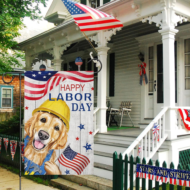 Happy Labor Day Golden Retriever Garden Flag 12x18 Double Sided Burlap