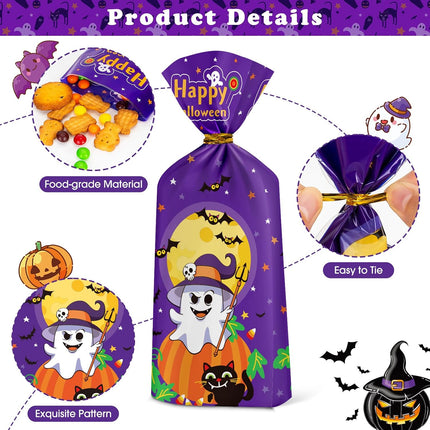 60-Piece Halloween Treat Bags, Cute Cellophane Candy Bags with Gold Twist Ties