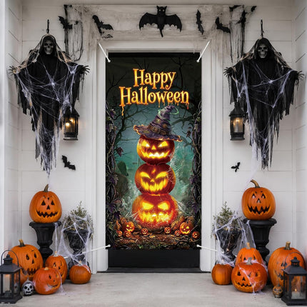 71x35in Happy Halloween Pumpkin Stack Door Cover, Glowing Jack-O-Lantern Decor