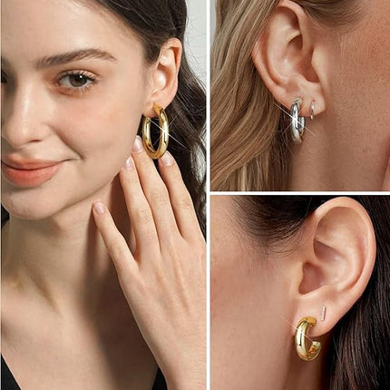 Women’s 14K Gold Plated Chunky Hoop Earrings Small Lightweight Jewelry Set Sizes