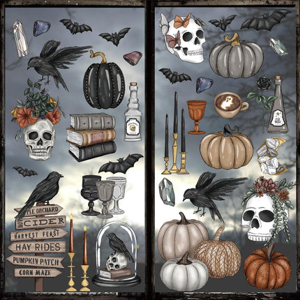 76-Piece Halloween Window Clings, Gothic Skull Pumpkin Crow Double-Sided Decals