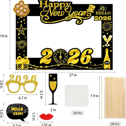 20-Piece Happy New Year 2026 Photo Booth Props – Black & Gold Set